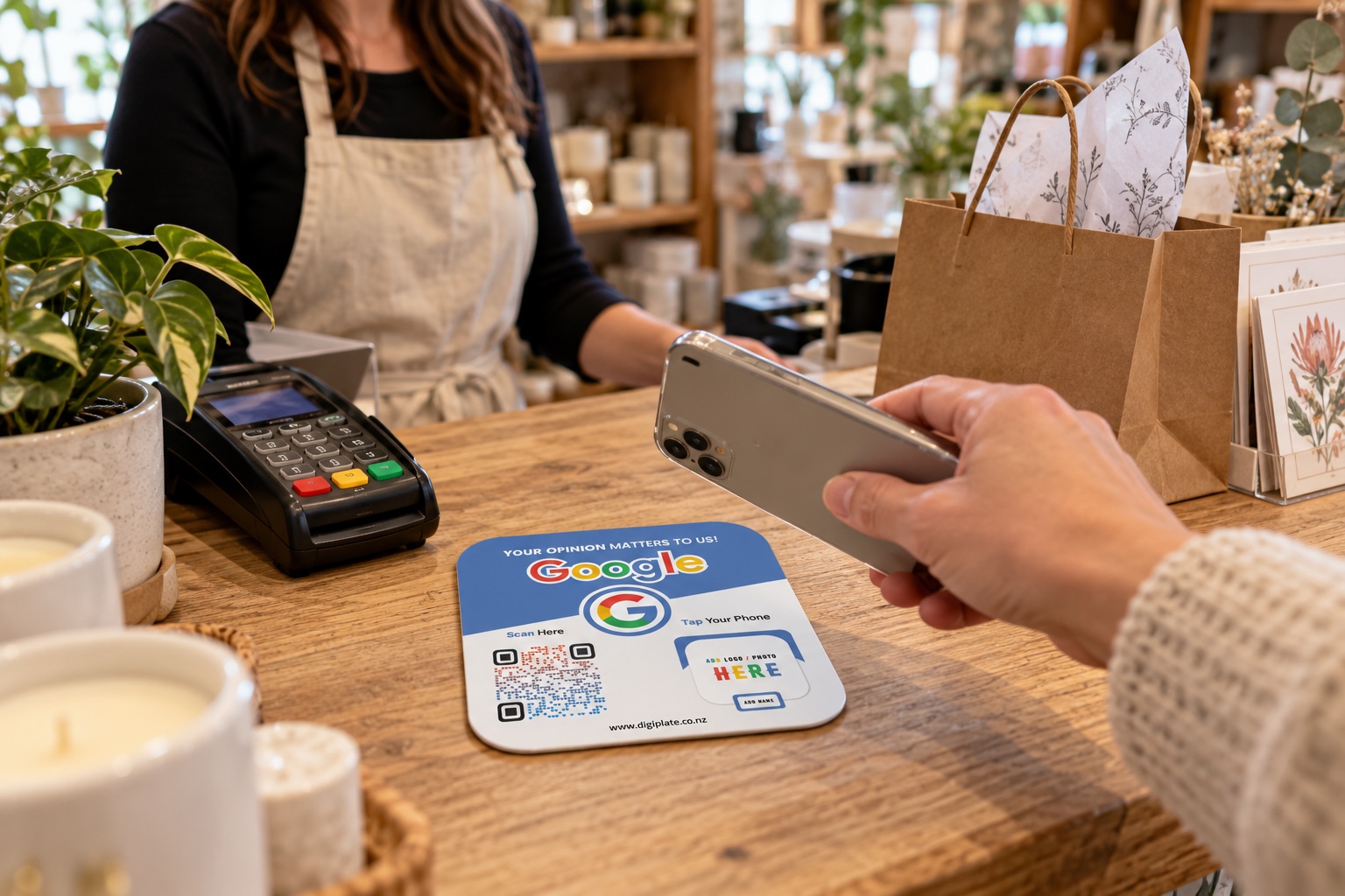 A customer holds a smartphone near a digiplate Google NFC review plate at a shop counter