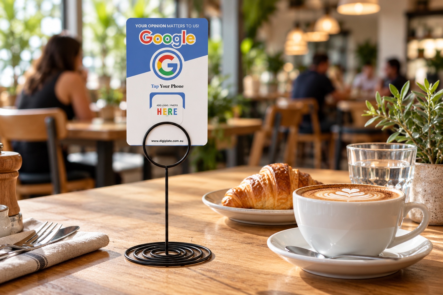 digiplate Google card displayed on a café table