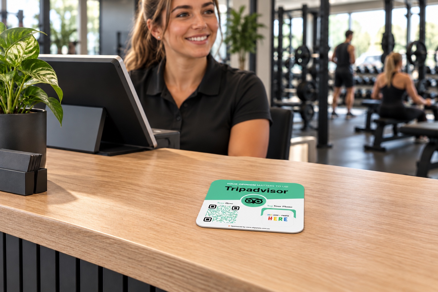 A Tripadvisor review plate lying flat on a gym reception counter