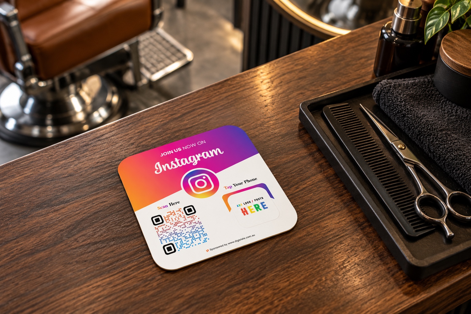 A digiplate Instagram plate on a hair and beauty salon counter